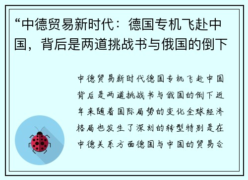 “中德贸易新时代：德国专机飞赴中国，背后是两道挑战书与俄国的倒下”