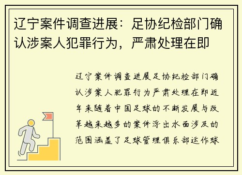 辽宁案件调查进展：足协纪检部门确认涉案人犯罪行为，严肃处理在即