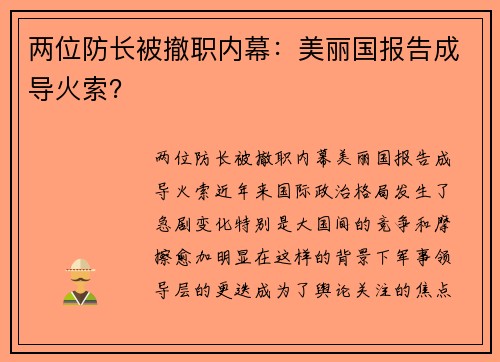 两位防长被撤职内幕：美丽国报告成导火索？