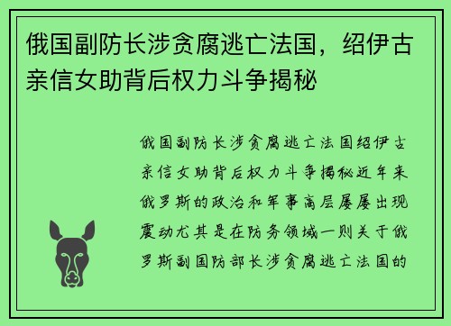 俄国副防长涉贪腐逃亡法国，绍伊古亲信女助背后权力斗争揭秘