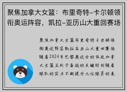 聚焦加拿大女篮：布里奇特-卡尔顿领衔奥运阵容，凯拉-亚历山大重回赛场
