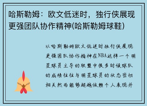 哈斯勒姆：欧文低迷时，独行侠展现更强团队协作精神(哈斯勒姆球鞋)